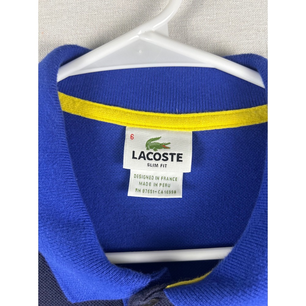 Lacoste Slim Fit Polo Shirt Mens Size 6 Blue Navy Yellow Striped Colorblock 429 - Picture 3 of 8